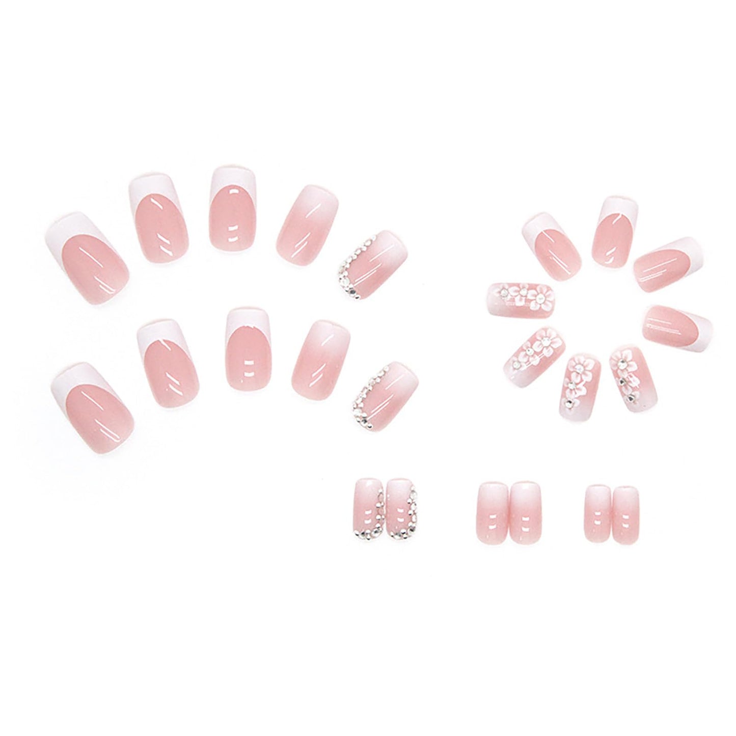 Rilafuvu Press on Nails Medium French Tip Full Cover Nails Square Press Ons Pink Press-on Nails with Flower Designs Acrylic Stick on Nails Gift for Women and Girls Decorations 24pcs (white&Pink)