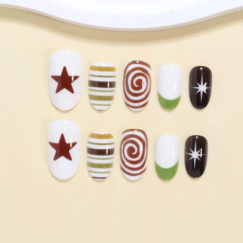 CTTHNBD Short Press on Nails Almond - Star Fake Nails with Whirlpool Stripes Design - Green French Tip False Nails for Women 24 Pcs