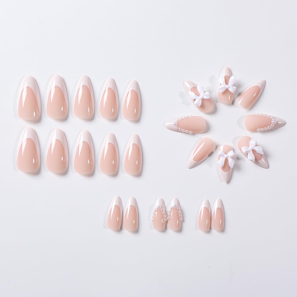 Almond Press on Nails Medium Fake Nails White French Tip False Nails with 3D Bow Charms Design Glue on Nails Pearl Full Cover Stick on Nails Elegant Artificial Nails for Women Manicure 24Pcs
