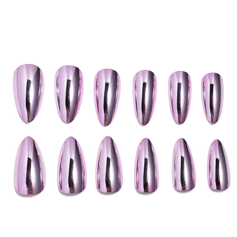 Pale Pink Chrome Press on Nails Medium Almond Fake Nails Rose Pink Electroplating Chrome False Nails Metal Mirror Acrylic Stick on for Women Girls Manicure Decoration 24Pcs