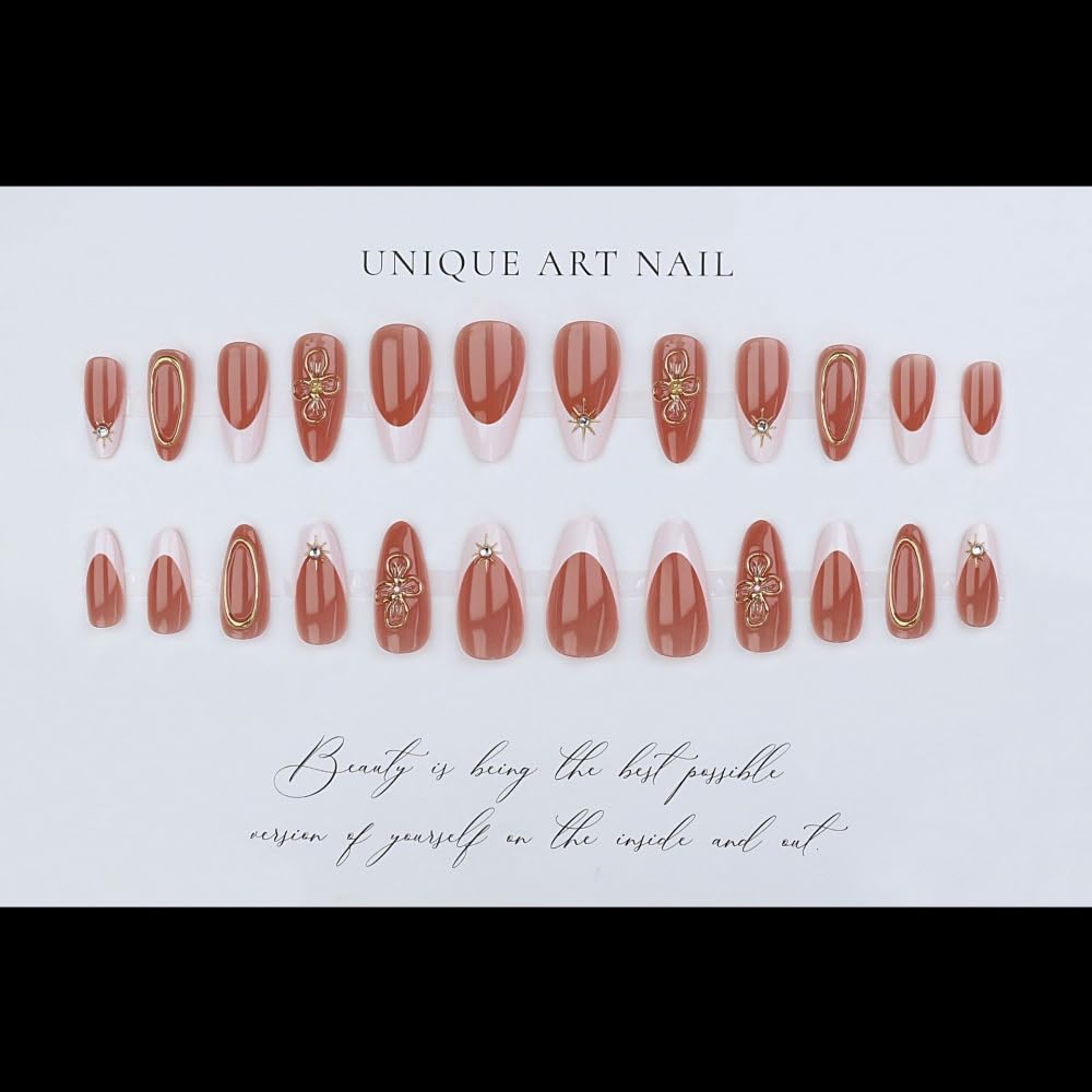 Ombre Press on Nails Medium Almond Fake Nails with Gold Flowers Design Glossy White French Tips Glue on Nail Gold Lines Nails Press ons Reusable Full Cover Spring Summer Nail for Women Manicure 24Pcs