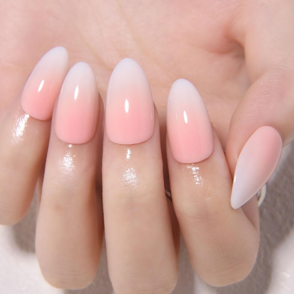 evpct Ombre Pink to Nude Press on Nails Short Almond, Short Almond Glossy Stick on Nails for Women Gift with Manicure Kit, Reusable Soft Gel Stick on Fake Nail with Ombre Designs Perfectly Fit