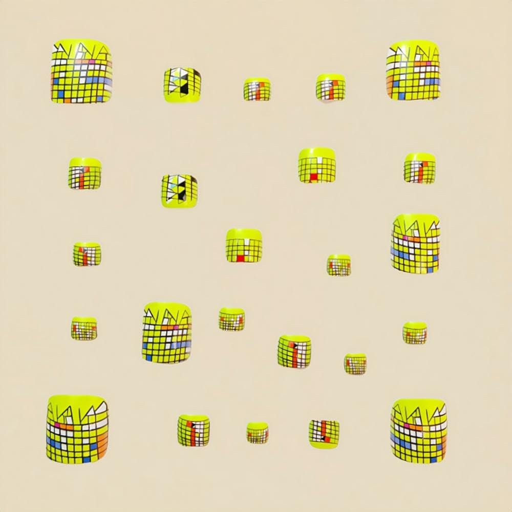 Chessboard Press on Toenails Short Square False Toenails with Yellow Design Full Cover Fake Toe Nails Cute Spring Stick on Toenails Glossy Summer Glue on Toenails for Women Girls Manicure 24Pcs