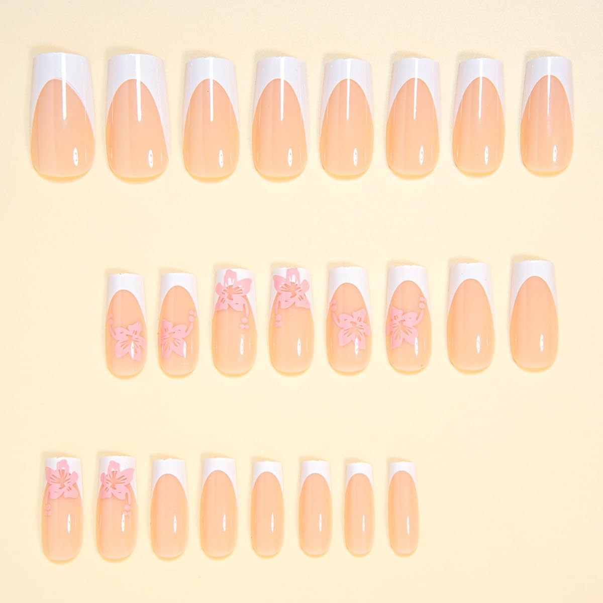 48Pcs White French Press on Nails Medium & Press on Toenails Set - WLGDLH Fake Nails Press ons Nail Art Tips Cute Glue on Nails Full Cover Short Fake Toe Nail Pink Flower Design Acrylic Nail Kit