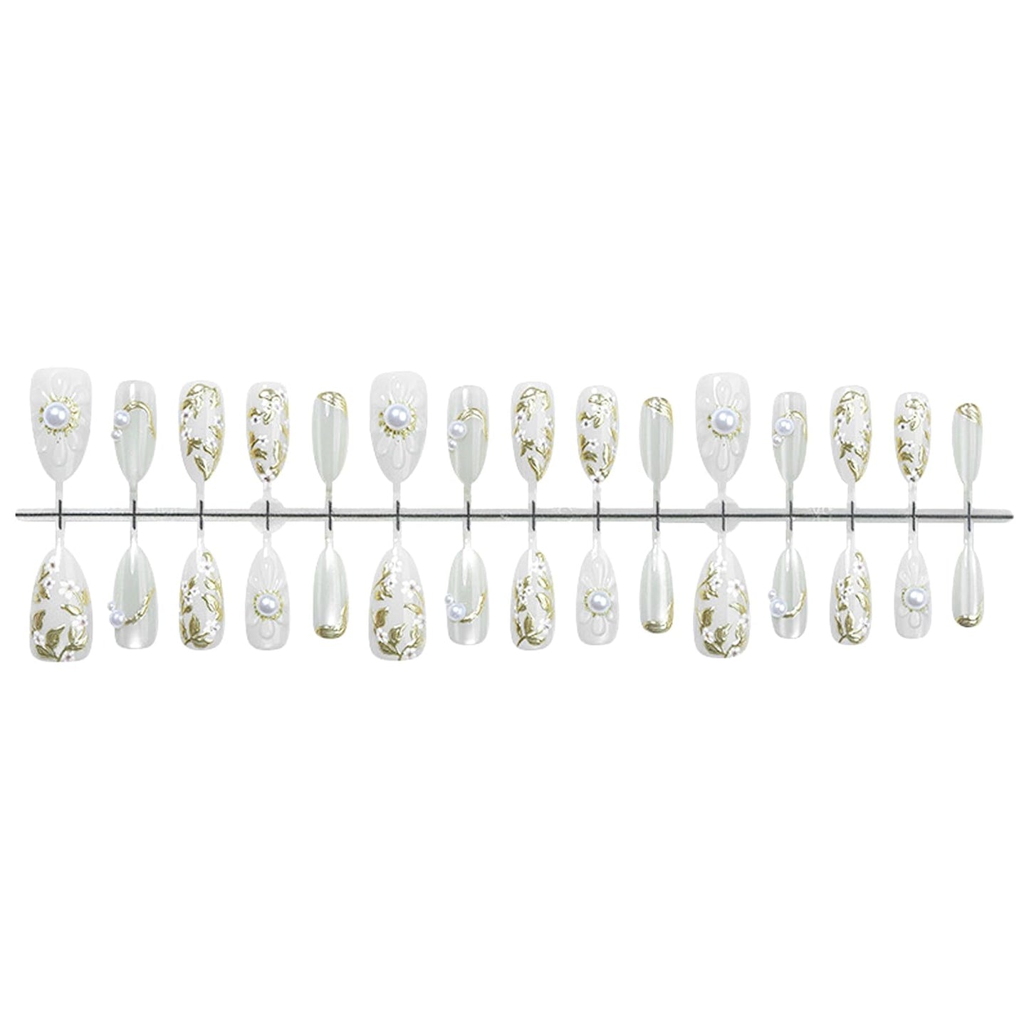 30Pcs White Flower Press on Nails Almond Handmade False Nails Kit French Tip Fake Nails with Gold Leaf Floral Line Design Pearl Charm Exquisite Medium Fasle Nails Press ons DIY Manicure for Women