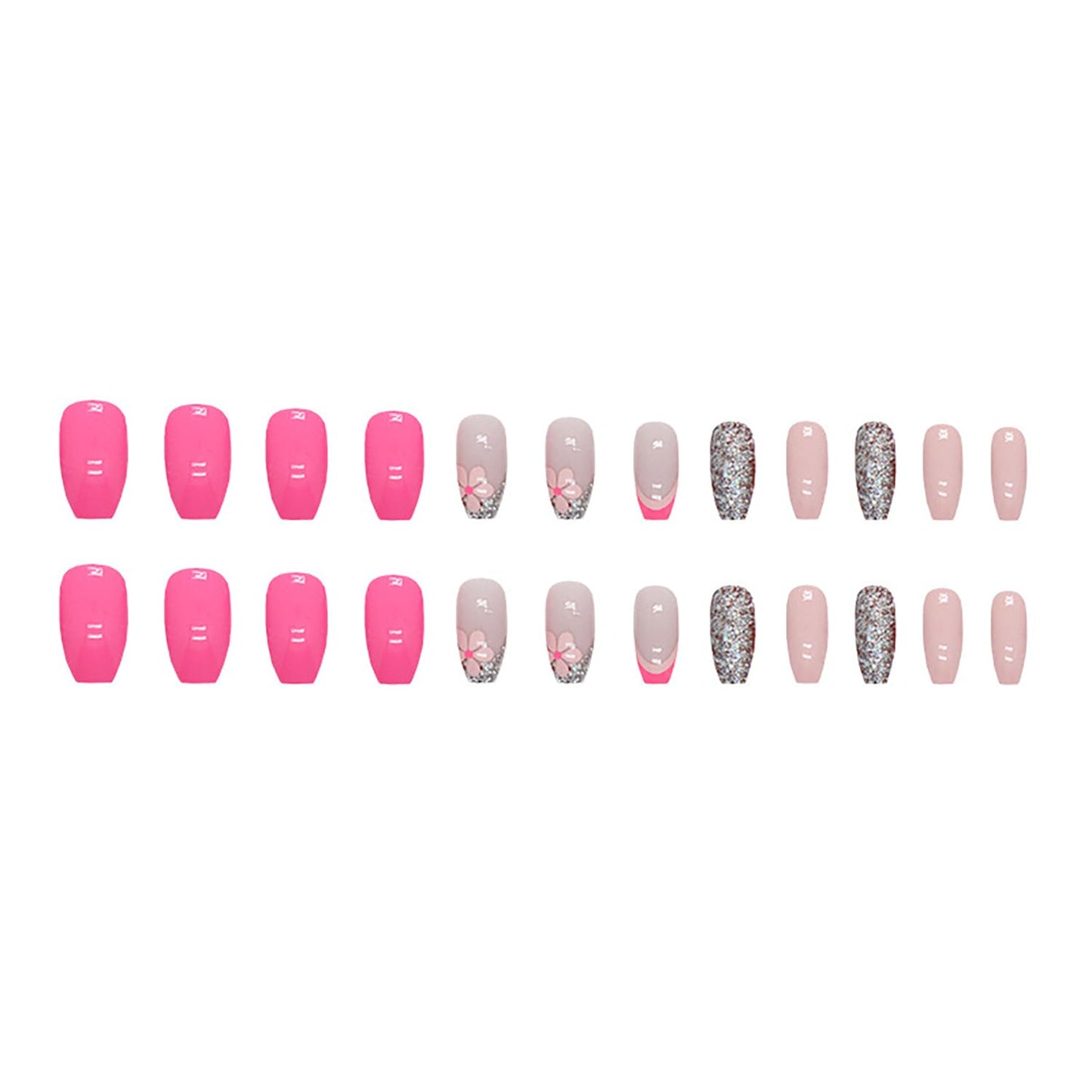 Pink Press on Nails Medium Coffin SWEKKE French Tip Fake Nails Full Cover Flower False Nails with Designs Sliver Glitter Glossy Glue on Nails Manicure Artificial Acrylic Nails for Women Girls 24Pcs