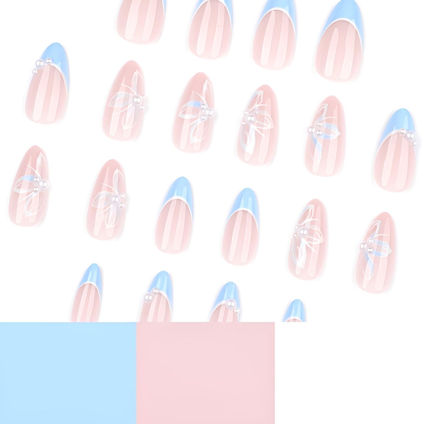 French Tip Press on Nails Medium Almond Fake Nails Flower Nails Press Ons with Pearl Design Glossy Full Cover False Ons Nail Spring Summer Glue on Nail DIY Acrylic Stick on Nail for Women 24Pcs