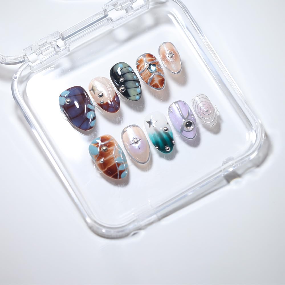 10 Short Almond Handmade Press On Nails | 3D Floral Dopamine Sweet & Edgy Design with Snake Pattern, Marbling & Silver Gilding | Skip Salon Trips, Easy to Apply & Remove, Reusable(251112, M)