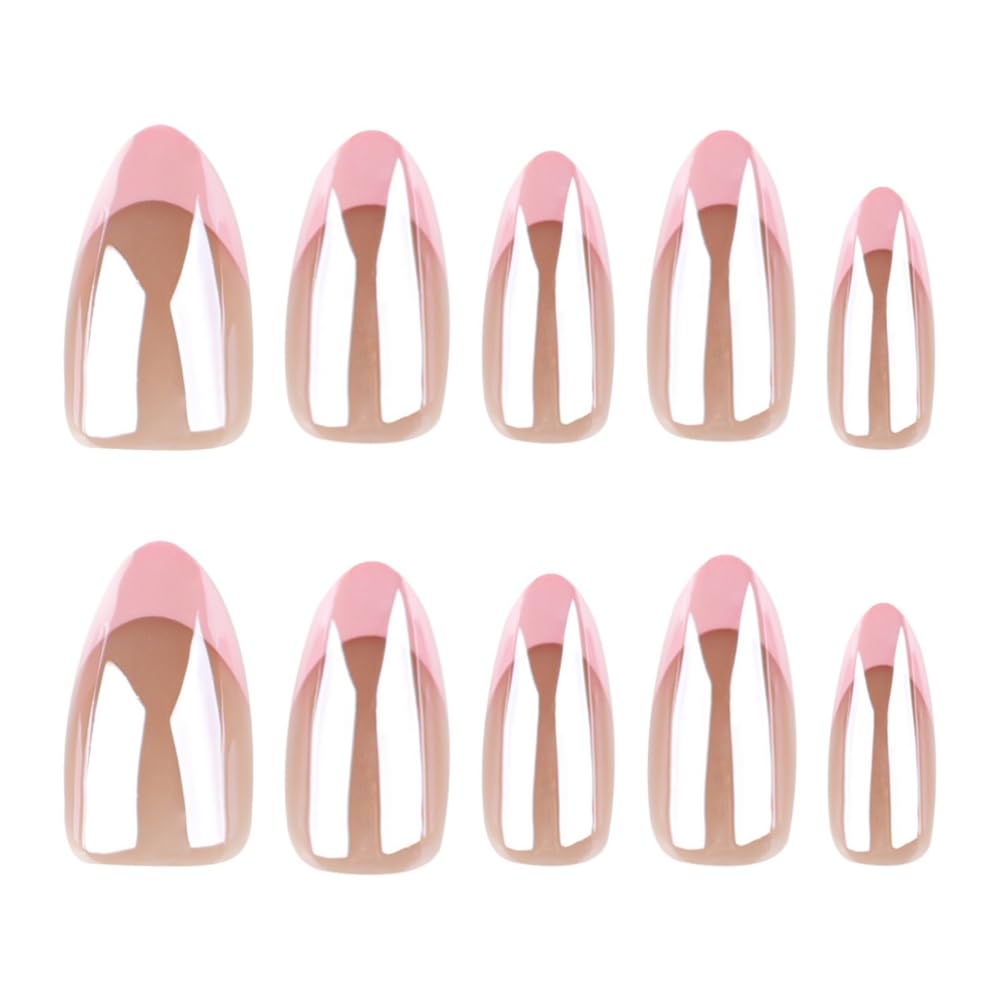 FJSMTOPl French Tip Press on Nails - Pink Fake Nails Press ons - Almond Chrome False Nails - Medium Glue on Nails - Cute Acrylic Stick on Nail for Women Nail Manicure 24Pcs