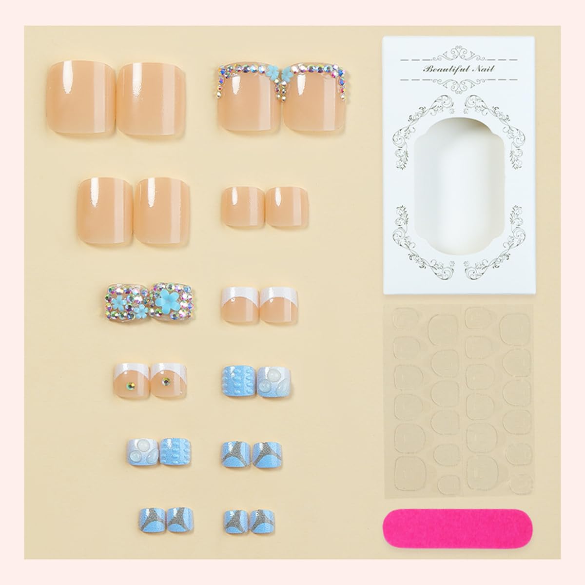 yefiuo 3D Drop Flowers Press on Toenails White French Toe Press on Nails Tips Kit Fake Toe Nails Press ons False Toenails Rhinestones Acrylic Glue on Nails Stick on Nails for Women Nail Supplies 24Pcs