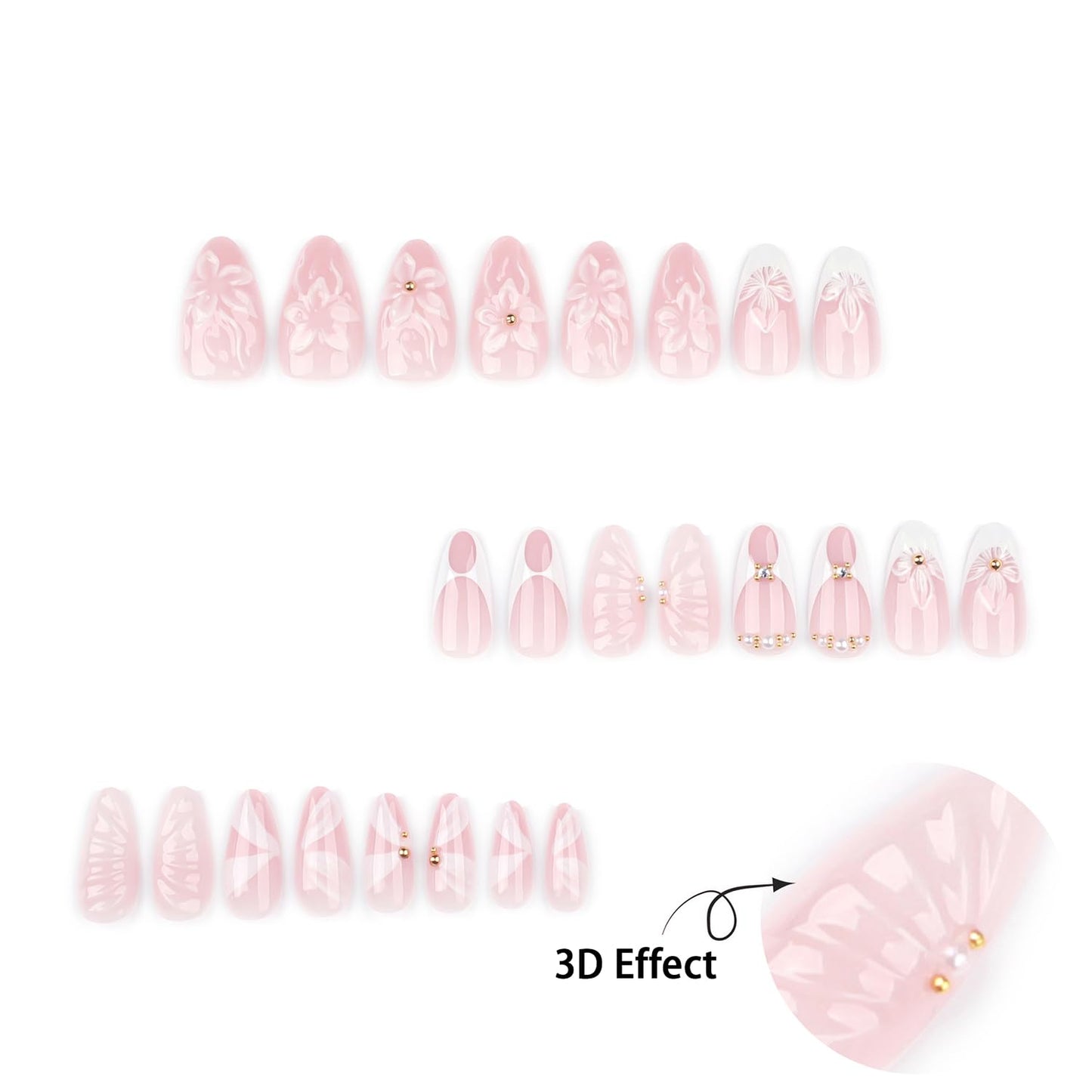 24Pcs White French Tip Press on Nails Medium Almond Fake Nails with Seashell Designs 3D Flower Acrylic Nails Gold Rhinestones Stick on Nail Summer False Nail Cute Ribbon Glue on Nails for Women