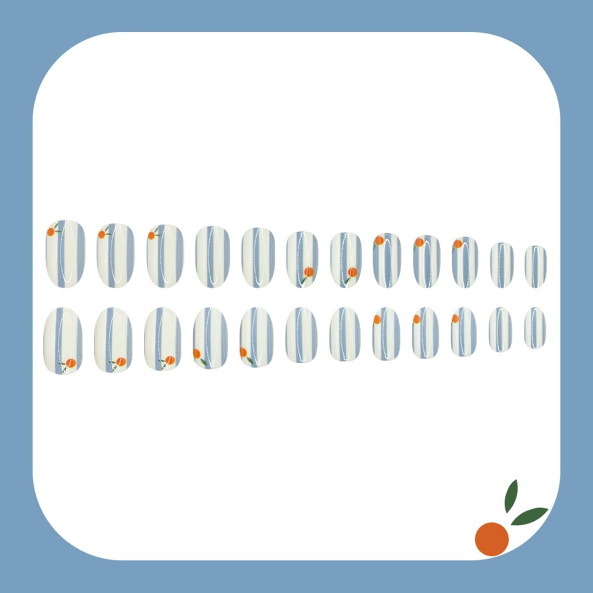 Summer Press on Nails Short Almond Fake Nails Press ons with Orange Design Blue Stripes False Nails CuteReusable Full Cover Stick on Nails for Women 12 Sizes-24 Pcs Nail Kit