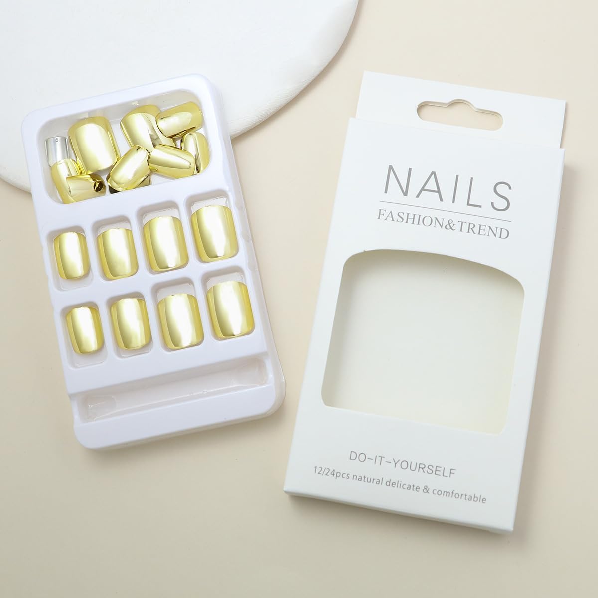 Gold Press on Nails Short Square Fake Nails Gold Chrome False Nails Mirror Design Glossy Glue on Nails Metallic Full Cover Acrylic Stick on Nails Artificial Nails for Women Girls Manicure 24Pcs