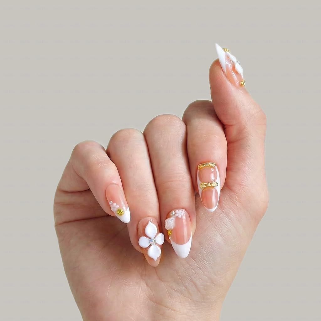 IntoVibes 10 Pieces Handmade Press On Nails Medium Almond, White Thickened French False Nails, 3D Flowers And Sea Shells, Reusable Fake Nails Almond, Reusable Acrylic Nails (M)