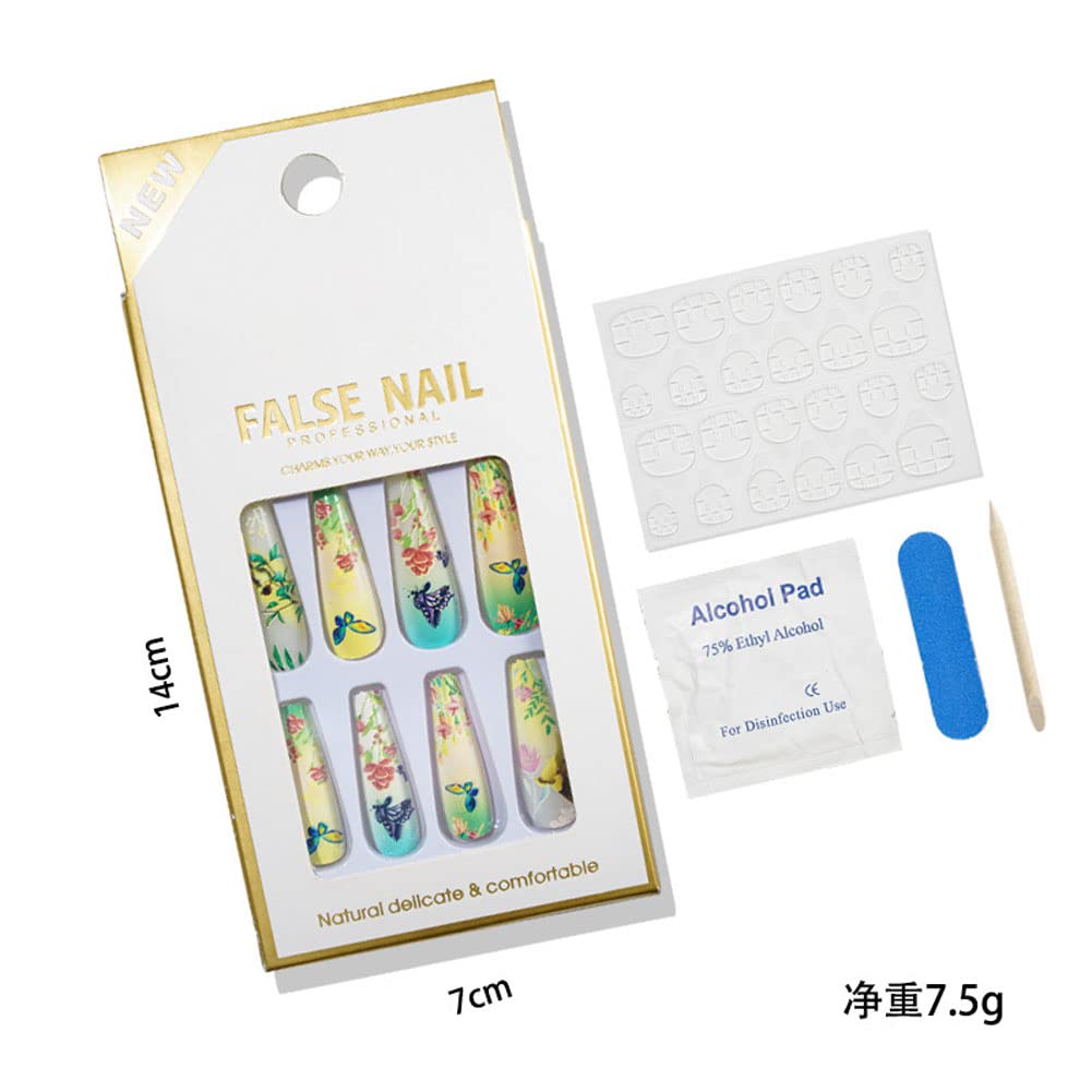 Mesiyun Long Press on Nails Coffin French Fake Nails Tips Ballerina Acrylic Glossy 24pcs False Nails for Women and Girls (Butterfly)