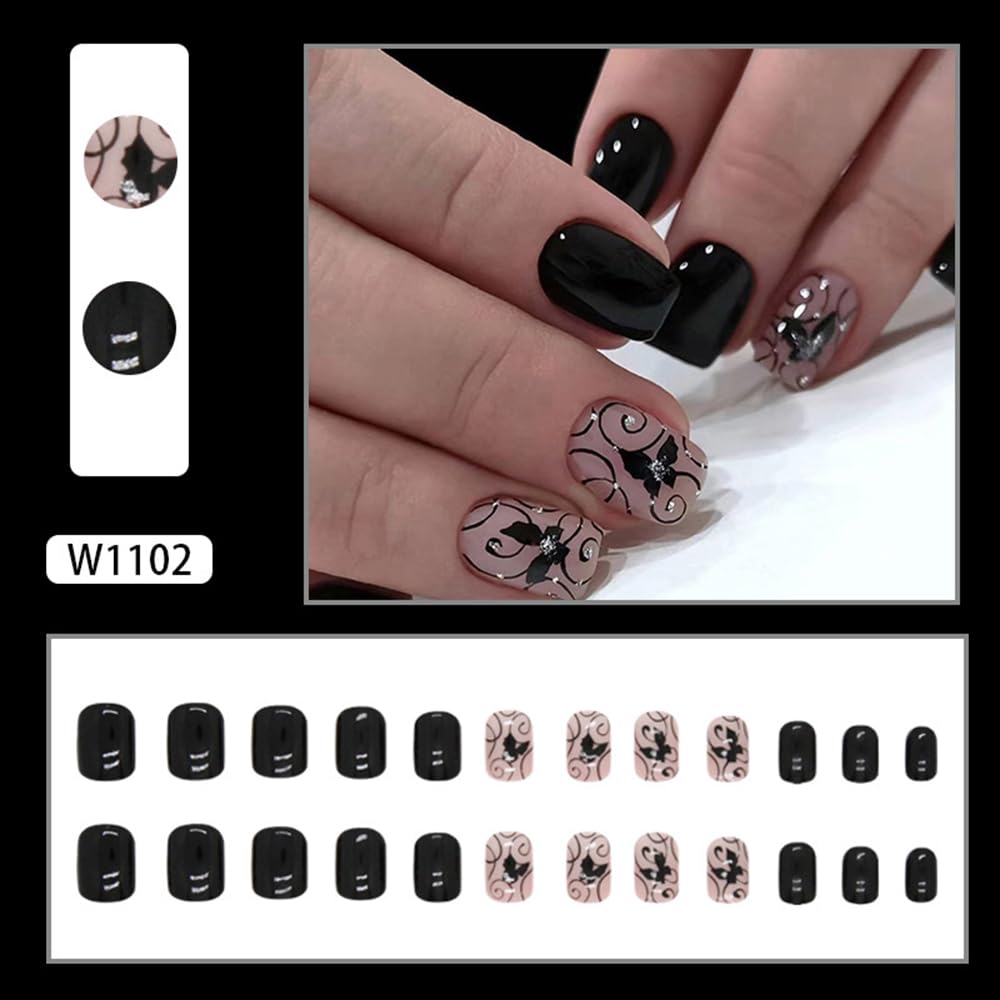 Black Press on Nails Short Square Fake Nails with Flower Vine Butterfly Design Full Cover Acrylic Nail Rhinestone Artificial Glue on Nails for Women Reusable Nails Decorations Kit 24Pcs