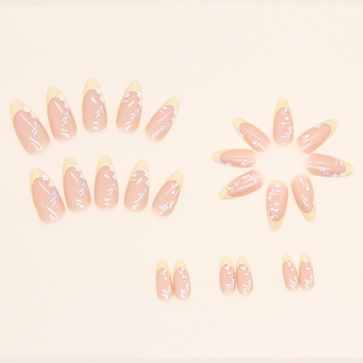 Flower Almond Press on Nails Medium Fake Nails French Tip False Nails with Designs Floral Glue on Nails Glossy Full Cover Acrylic Artificial Cute Stick on Nail for Women Nail Manicure 24pcs