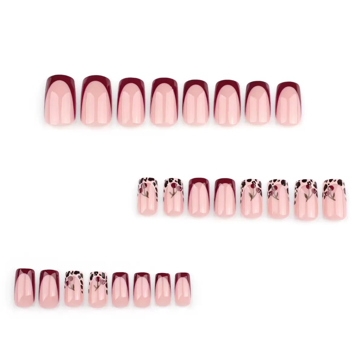Square Press on Nails Short - French Tip Fake Nails with Leopard Print Cherry Design - Winter Nails Press ons - for Women 24 Pcs