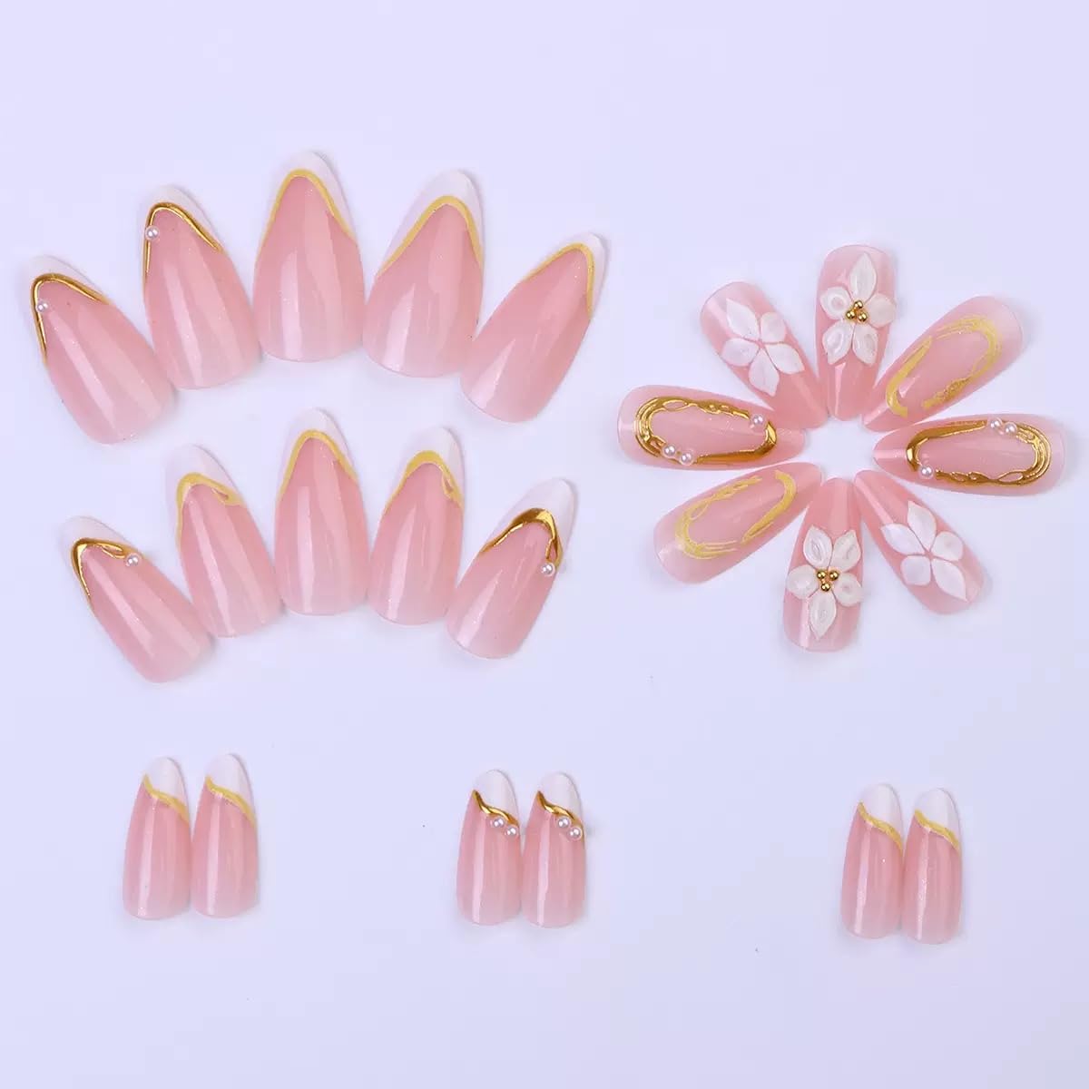 Medium Press on Nails Almond - White French Tip Fake Nails with Flower Design - Gold Stripes False Nails Press ons - for Women 24 Pcs