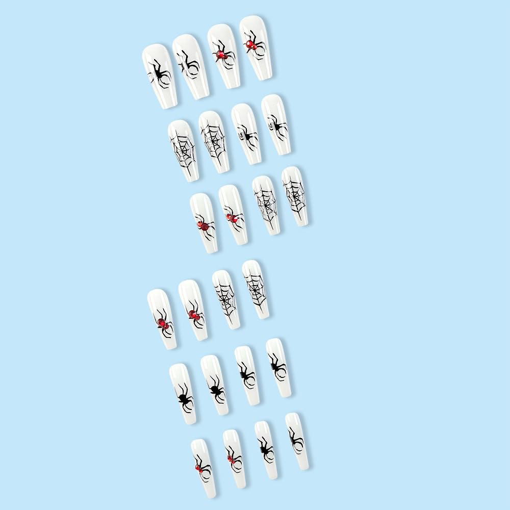 Halloween Press on Nails Long Square Fake Nails White False Nails with Design Spider Web Red Diamond Stick on Nails Coffin Acrylic Press ons for Women Girls Manicure 24 Pcs