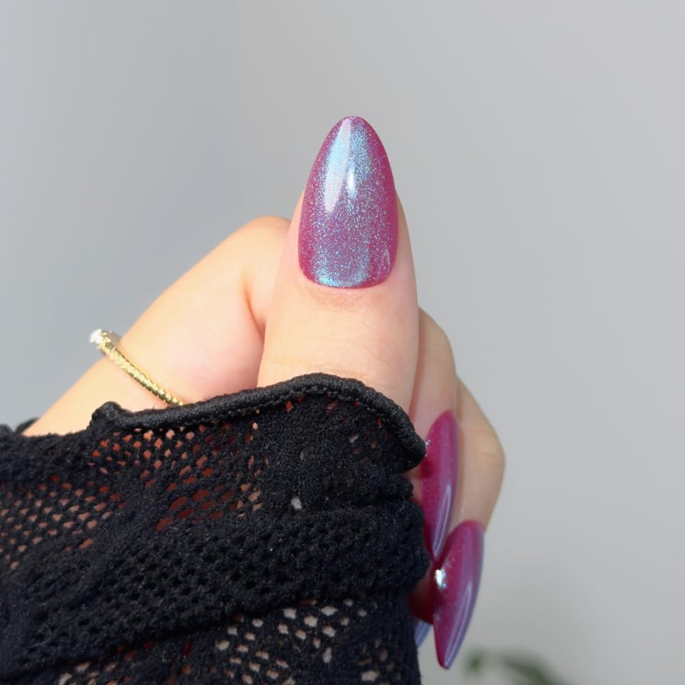 Short Almond Press On Nails | Dark Purple Cat Eye False Nails, Salon Quality Perfect for Everyday Wear& Women Girl Gift – Reusable Stick On Fake Nails| 15 Sizes - 30 Nail Kit with Glue and Sticky Tabs