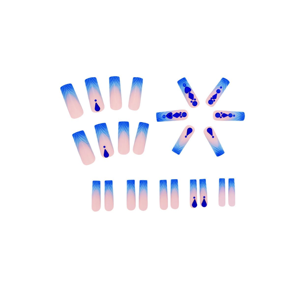 CTTHNBD Blue Press On Long Square French Tip Ombre Acrylic Rhinestone Full Cover Stick On Nails - 24 Pcs