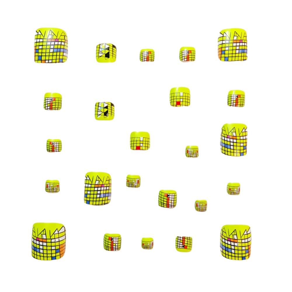 Chessboard Press on Toenails Short Square False Toenails with Yellow Design Full Cover Fake Toe Nails Cute Spring Stick on Toenails Glossy Summer Glue on Toenails for Women Girls Manicure 24Pcs