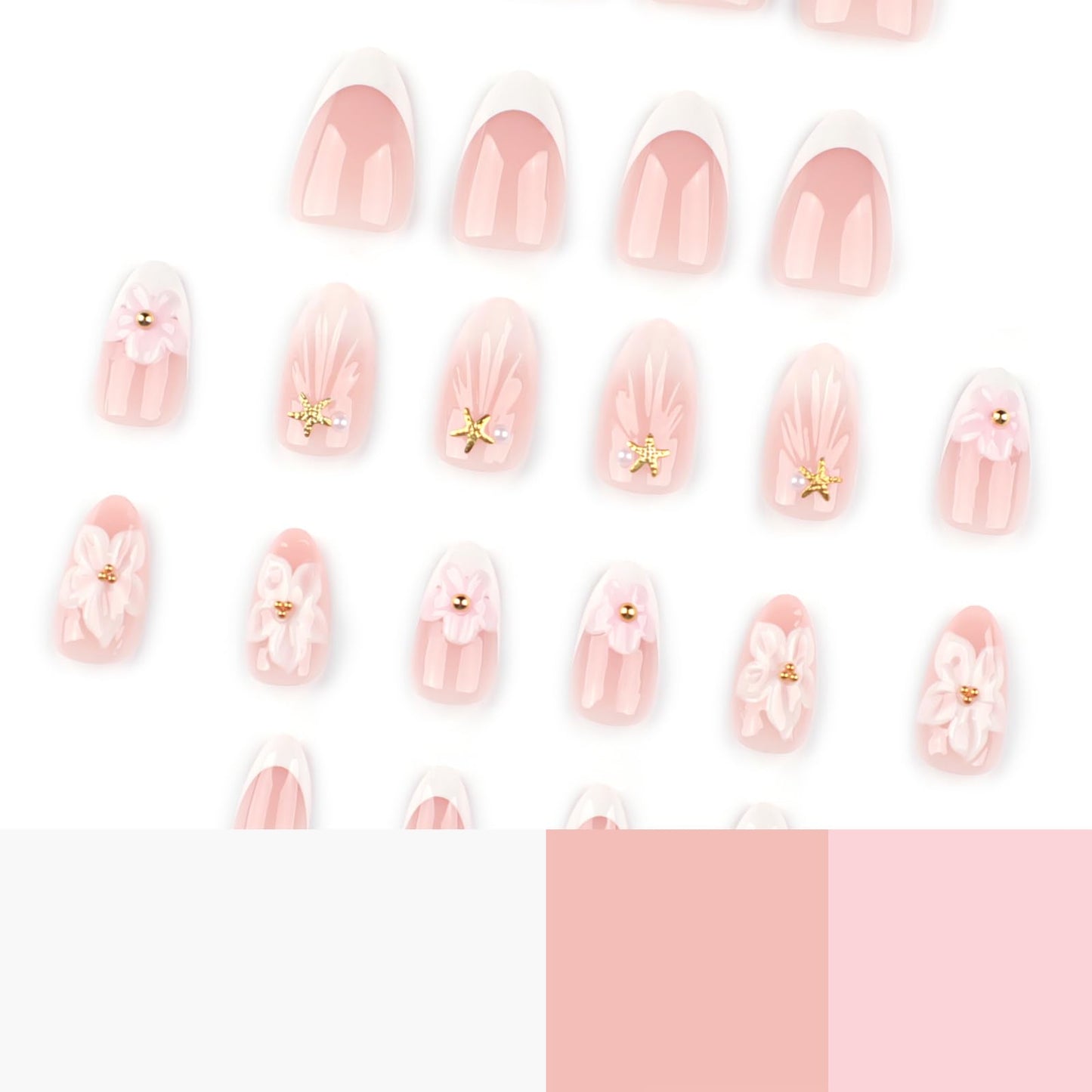 Mivota White Flower Press On Nails short, 24pcs Almond French Fake Nails with 3D Floral Design, Pearl & Starfish Decor, Glossy Nude Acrylic Stick On Nails Kit for Women Girls Manicure