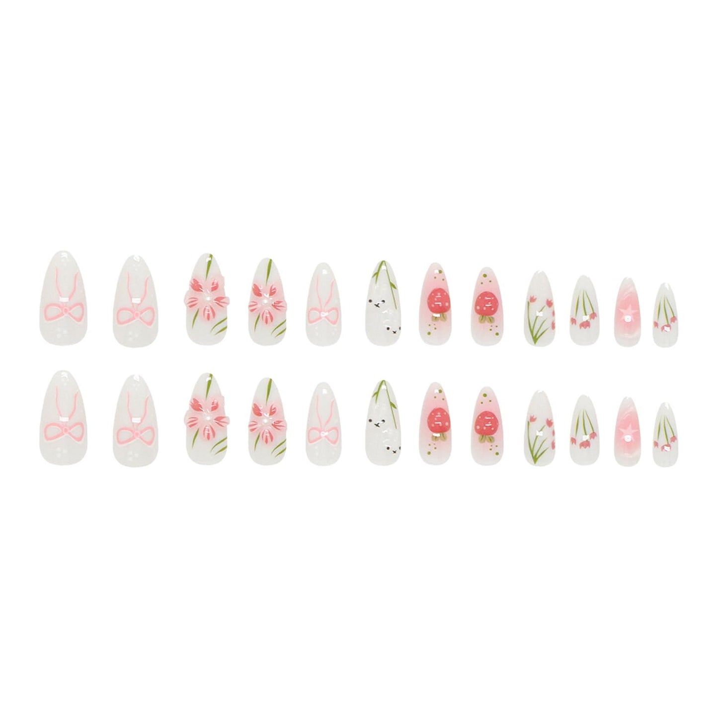 BSBTBZ Cute Rabbit 24pcs Medium Length Almond Shape Pink Flower Press On Nails with Pearls & Charms, Glossy Finish, Acrylic ABS Material, Full Cover Nail Tips, DIY Manicure, False Nails for Women