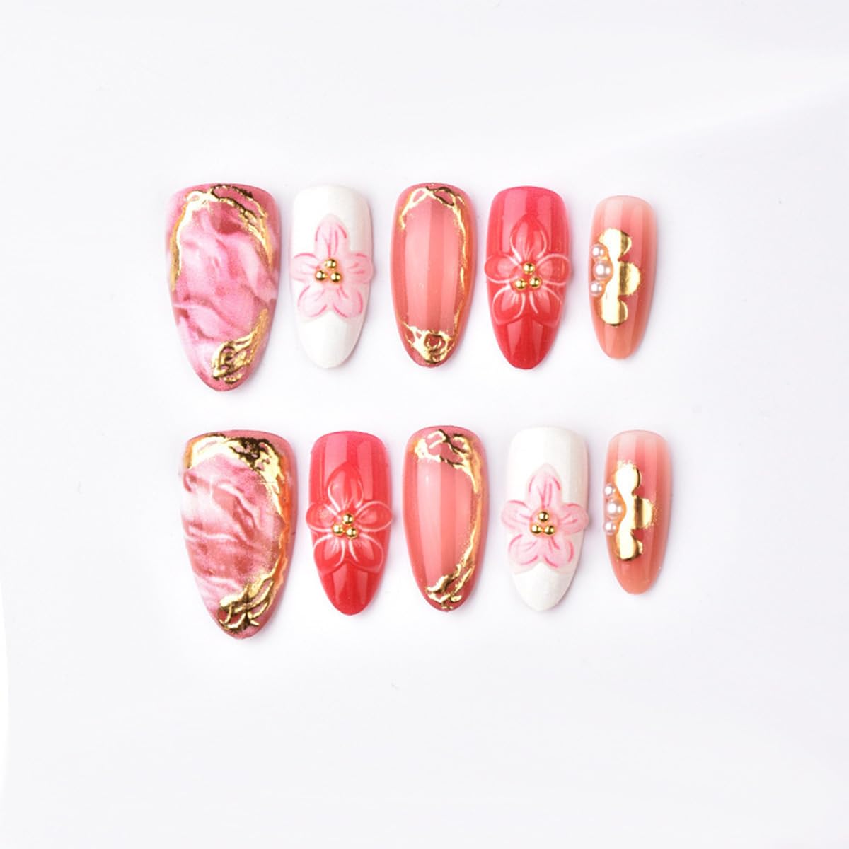 Mkwntg 30Pcs Pink Flower Press On Nails Medium Almond Fake Nails with 3D Gold Bead Pearl Ice Blooming Design Gold Line Summer Floral Ombre False Nails Cute Spring Full Cover Glue on Nails for Women