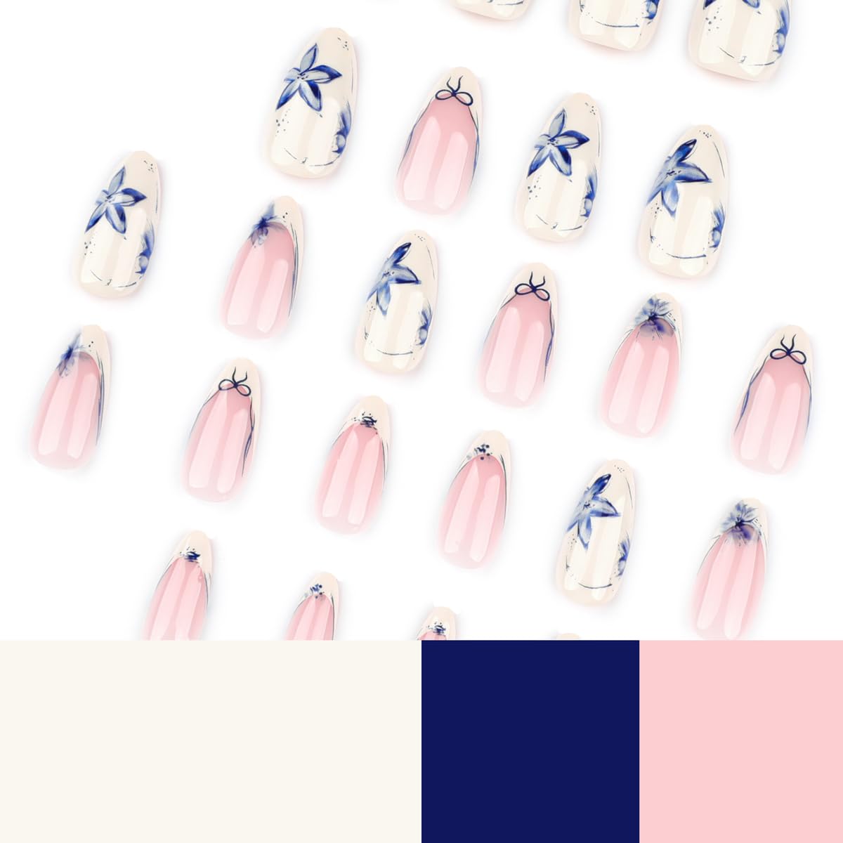 Short Almond Press on Nails - Blue Porcelain Flower & White French Tip with Bow, Full Cover Glossy Fake Nails 24PCS for Women