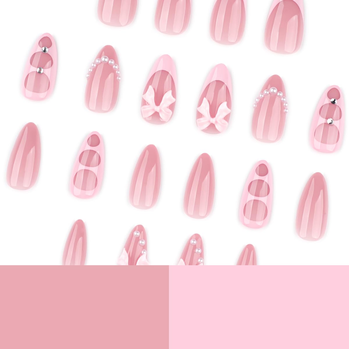 Press on Nails - Pink French Tip with 3D Bow & Pearls, Medium Almond Glossy Fake Nails, Full Cover Manicure Kit for Women, 24PCS Glue-on