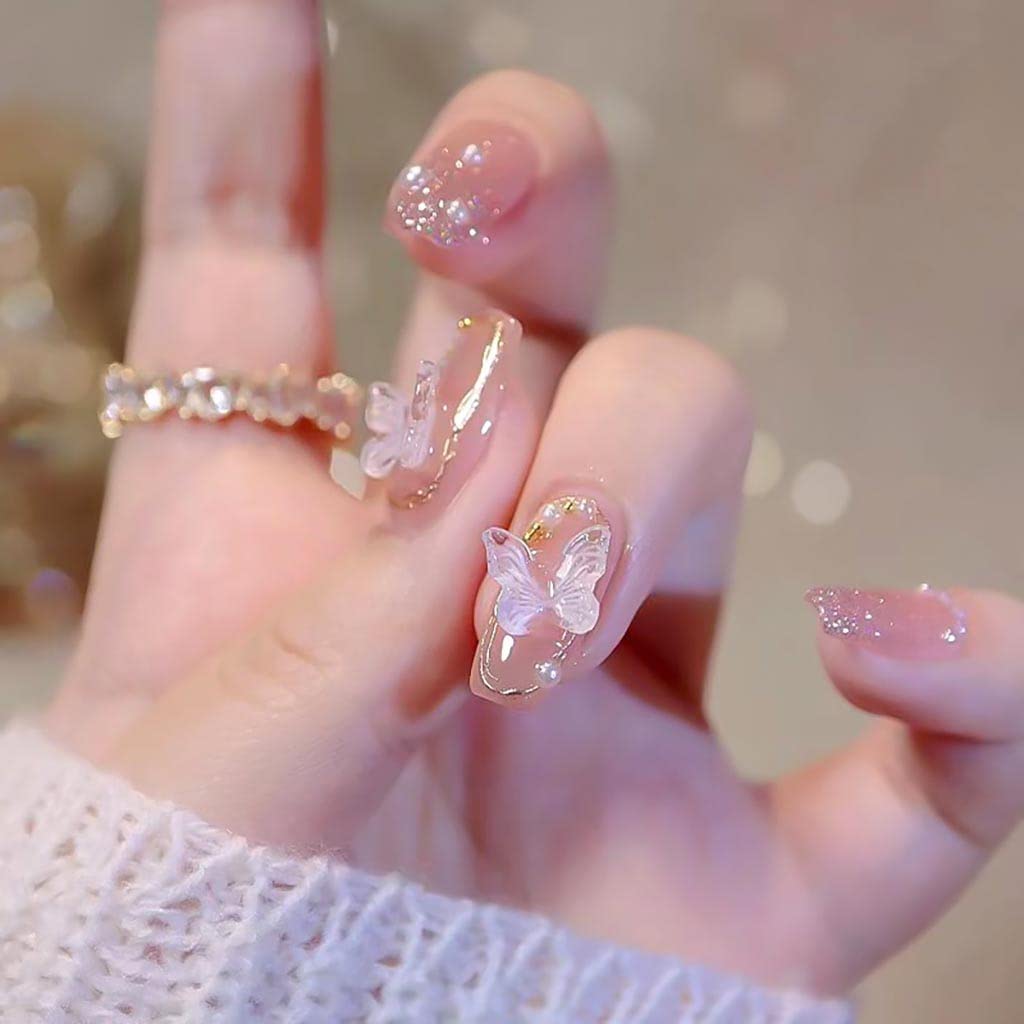 RikView Pink Press on Nails Medium Fake Nails Coffin Nails for Women with Butterflies Design Glossy Nails