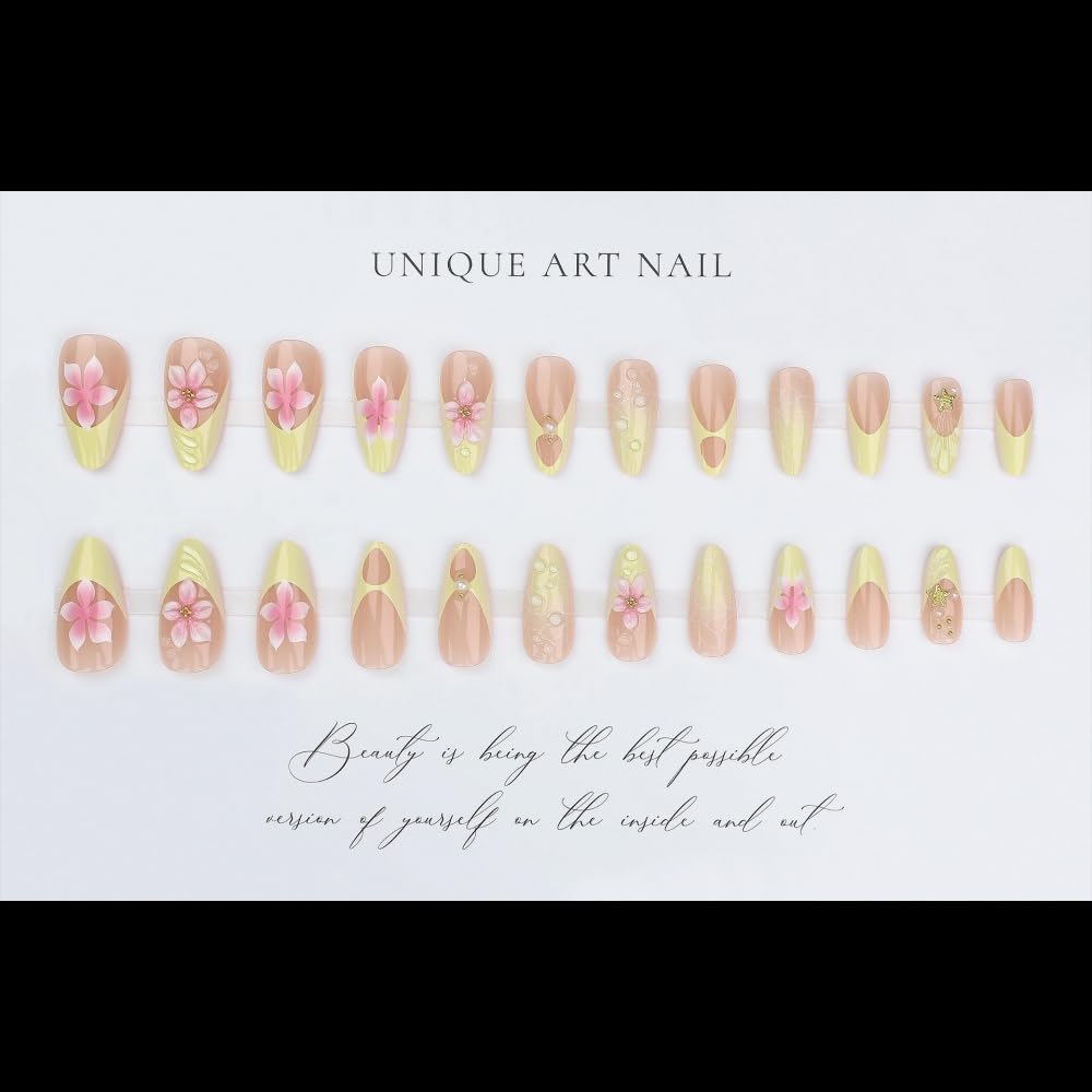 French Tips Press on Nails Medium Almond Fake Nails with 5D Flower Charm Design Glossy Ombre Yellow Nails Press on Reusable Pearl Rhinestones False Nail Spring Summer Nail for Women Manicure 24Pcs