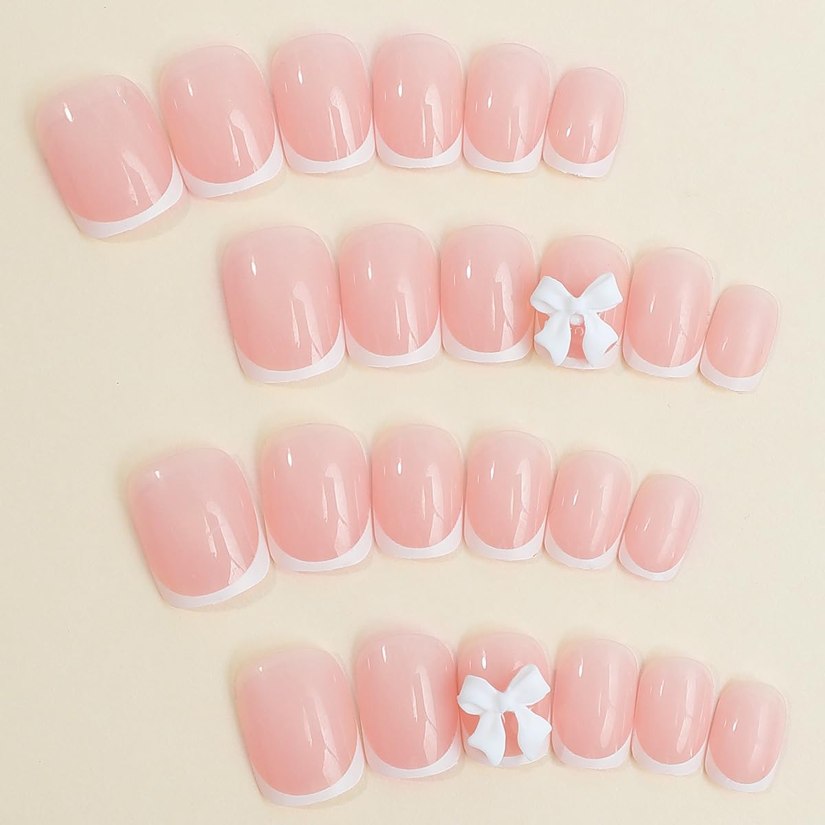 24 Pcs French Tip Press on Nails Short Square Bow Fake Nails with Design White French False Nail Tips Stick on Nails Glossy Full Cover Glue on Nails for Women And Girl