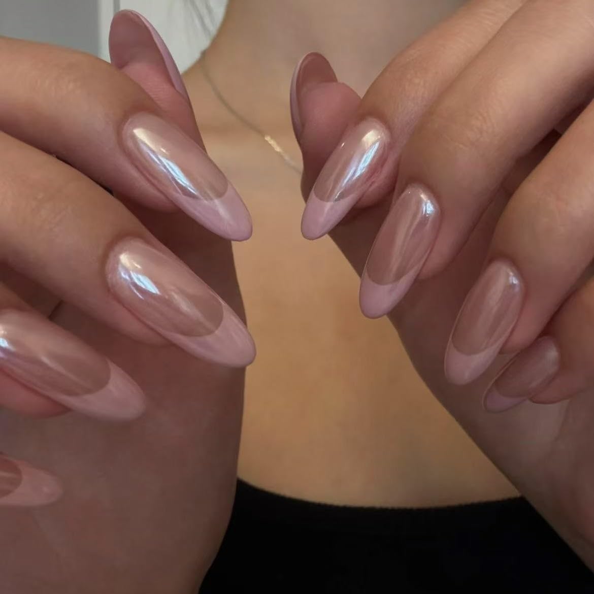 Handmade Pink French tip Press on Nails long style Almond Fake Nails with Glue Full Cover Glossy False Nails Stick on Nails for Women Manicure Aurora Powder Decoration 10PCS (MT-133-M)