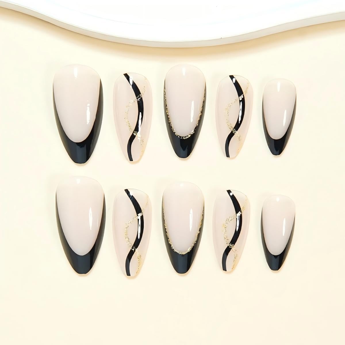 Black Press on Nails - French Tip False Nails with Gold Line Design - Almond Fake Nails Press ons - for Women 24 Pcs