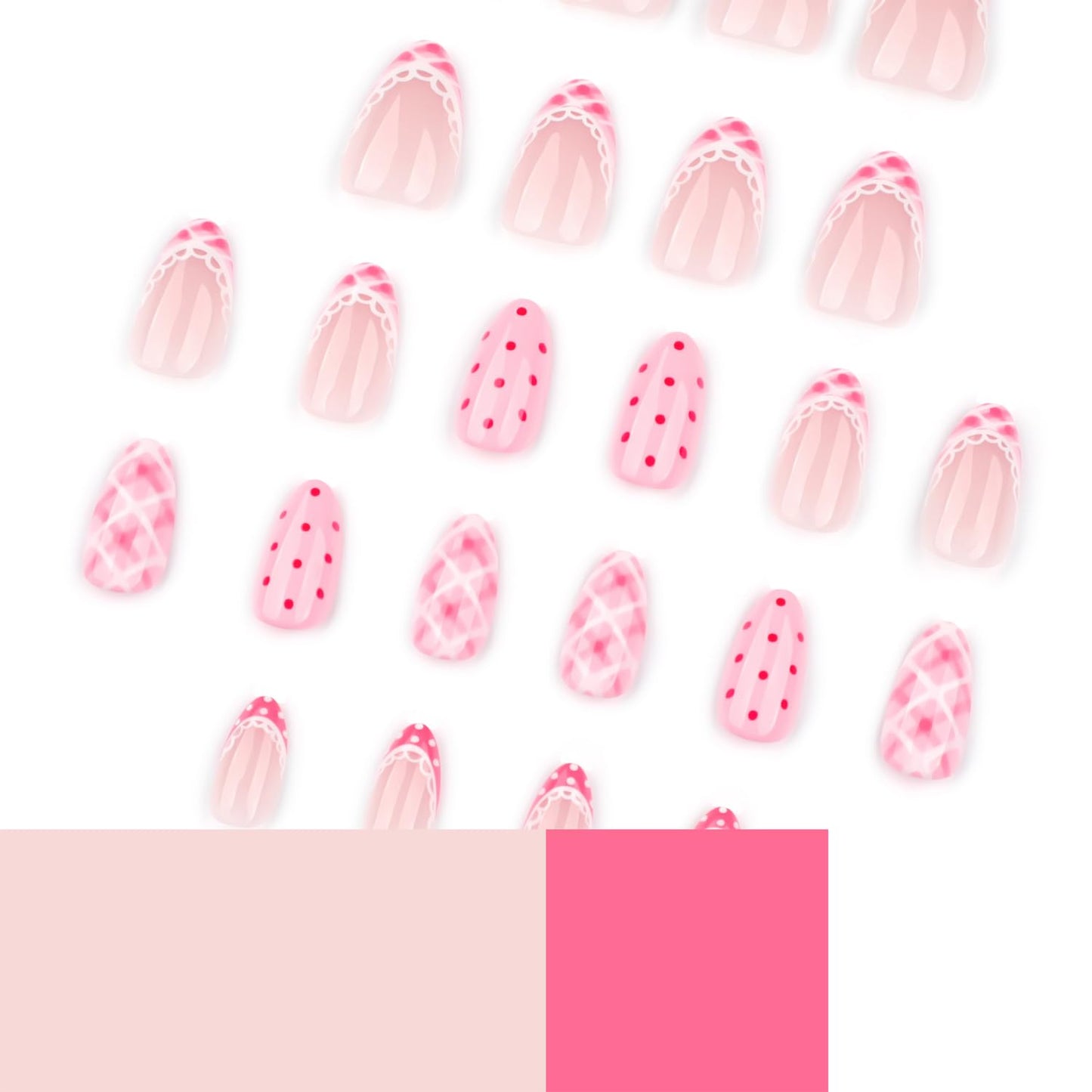 Mivota Short Almond Press On Nails Pink Acrylic Fake Nails French Tip with Gingham Plaid, Polka Dot Design, Glossy Cute Stick On Nails for Women Girls Daily Wear Date Party Manicure 24PCS