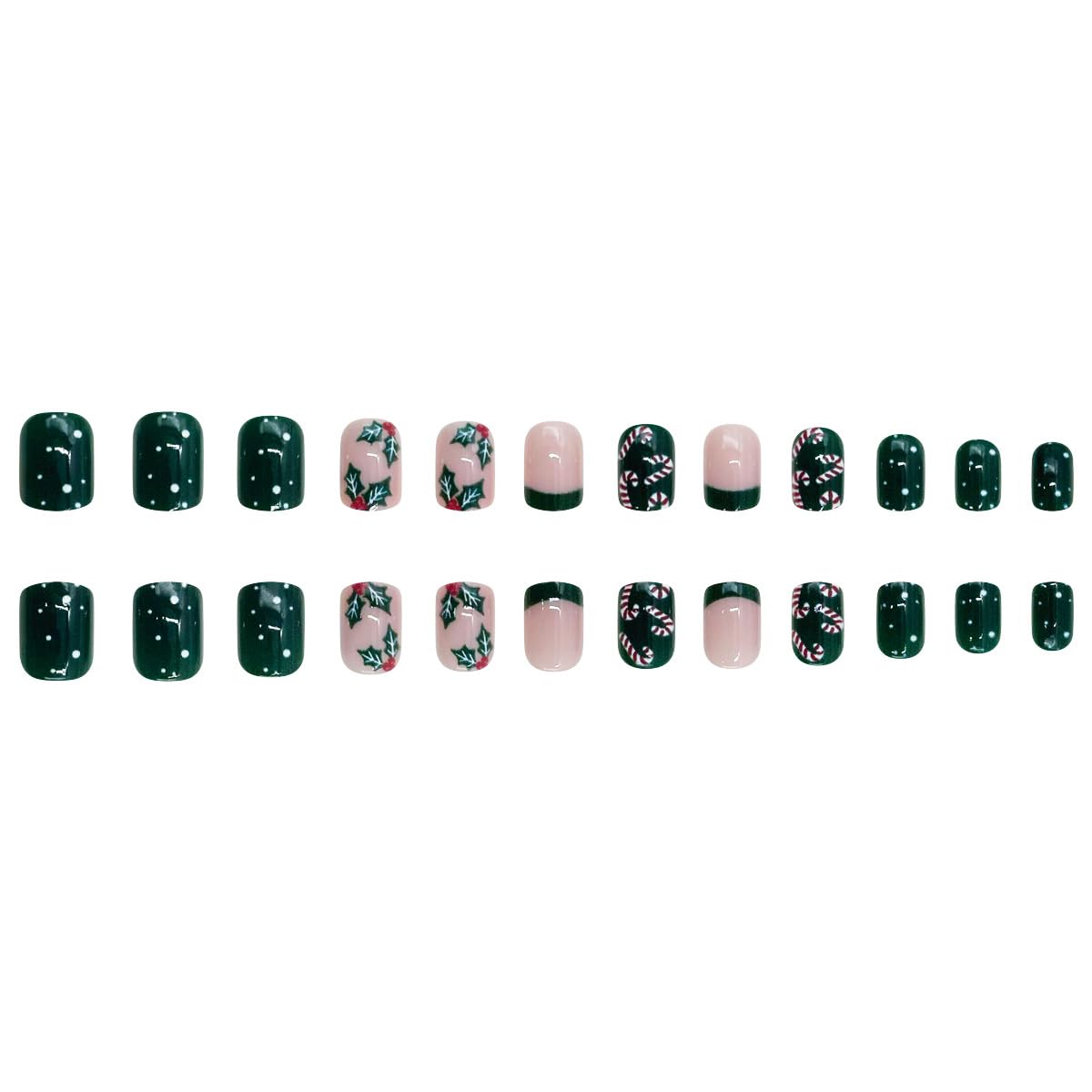 Green French Tip Christmas Press on Nails Holly Short Square Fake Nails with Candy Designs Nude Pink Glossy Acrylic Nails Xmas Full Cover Stick on Nail Winter False Nail for Women 24Pcs