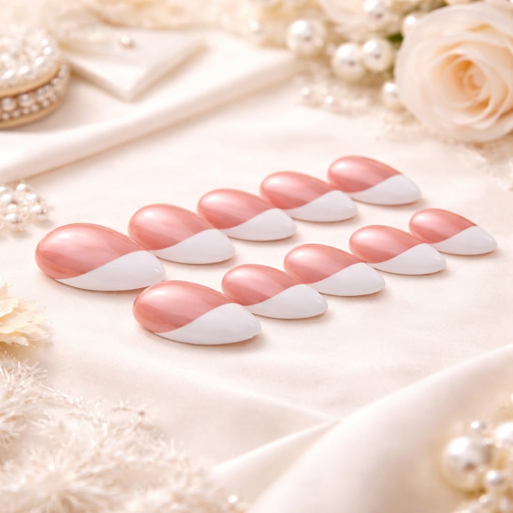 IntoVibes 10 Pieces Handmade Short Almond Press On Nails, Pink And White Thickened False Nails, Color Block Nail, Reusable Fake Nails Almond, Reusable Acrylic Nails (M)