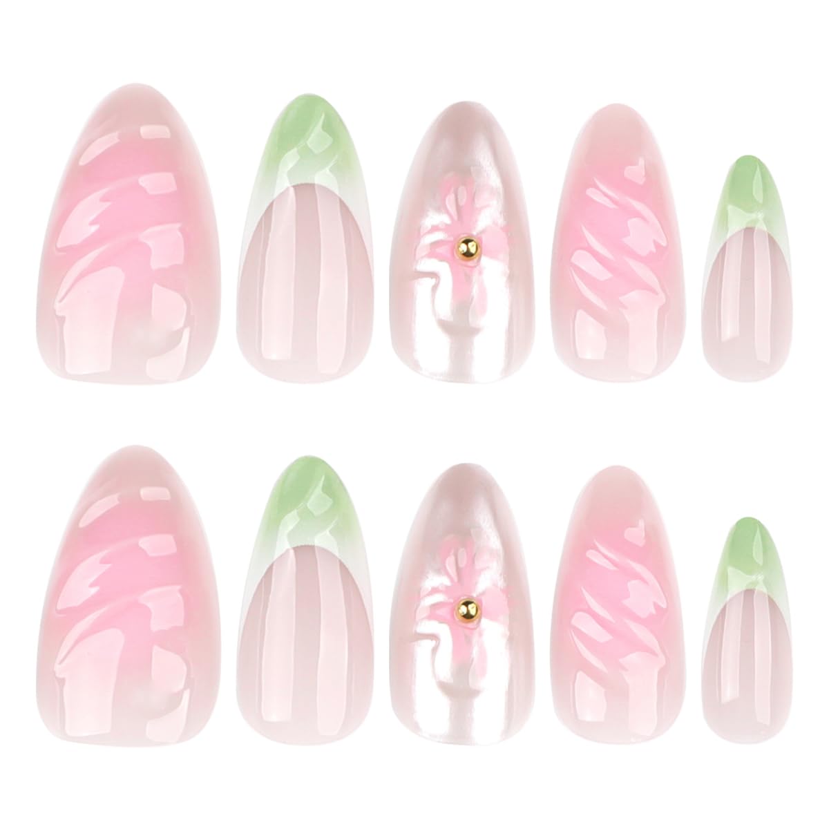Pink Green Press on Nails Medium Almond Fake Nails French Tip Nails Press ons with 3D Flower Design Reusable Artificial Nails Full Cover Stick on Nails for Women Manicure 24Pcs