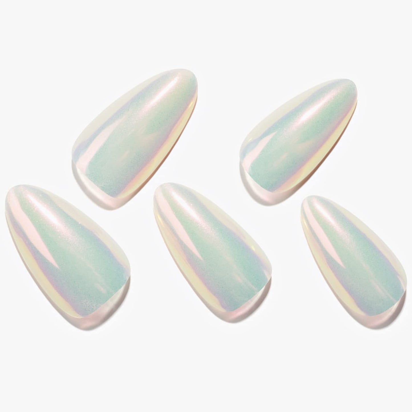 GLAMERMAID Chrome Press On Nails Medium Almond- White Handmade Metal Gel Fake Nails Stiletto, Glitter Glazed Donut False Nail Oval, Glossy Natural Reusable Acrylic Stick Glue on Nails Kit for Women