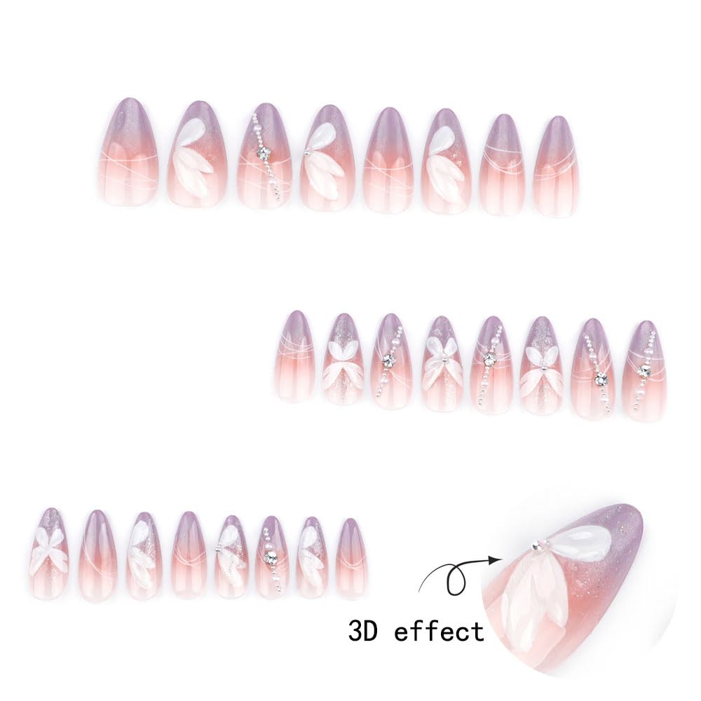 24Pcs Medium Almond Press on Nails - Pink Glitter Gradient Fake Nails with 3D White Butterfly Rhinestone Pearl Design Glossy Full Cover Acrylic Nails Reusable False Nails for Women Wedding Daily Wear