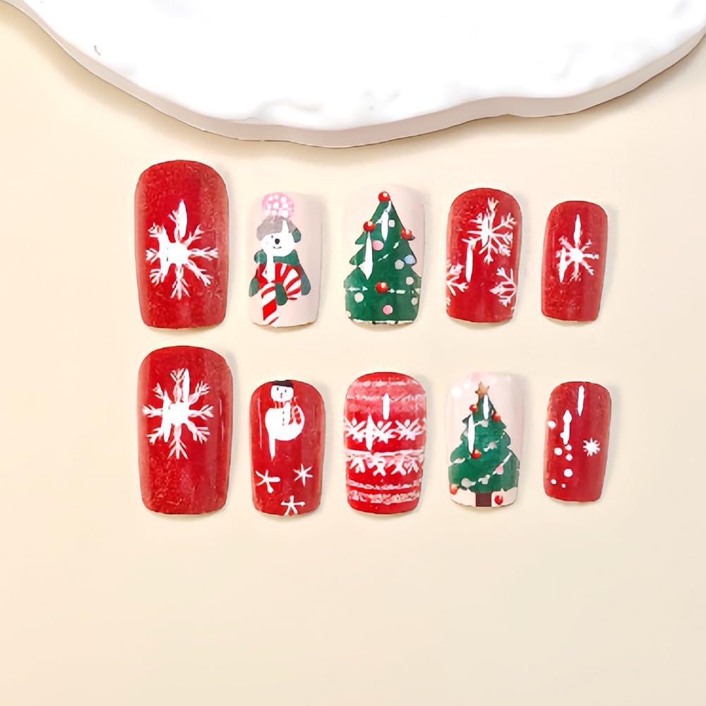 24Pcs Christmas Press on Nail Medium Square Snowman Fake Nail Red Crutch Stick on Nails Full Cover Winter Gel Glue on Nails Xmas Snowflake False Nails for Women Girls Manicure Kit