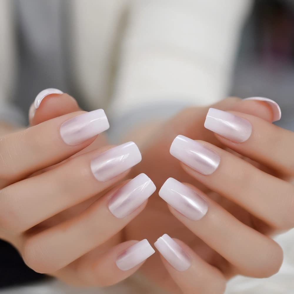 iBeautying Press on Nails - Pearl Pink French False Nails | UV Full Cover Finish Gradient Ombre Reusable Fake Nails in 10 Sizes - 24 Nail Kit with Jelly Glue Pad