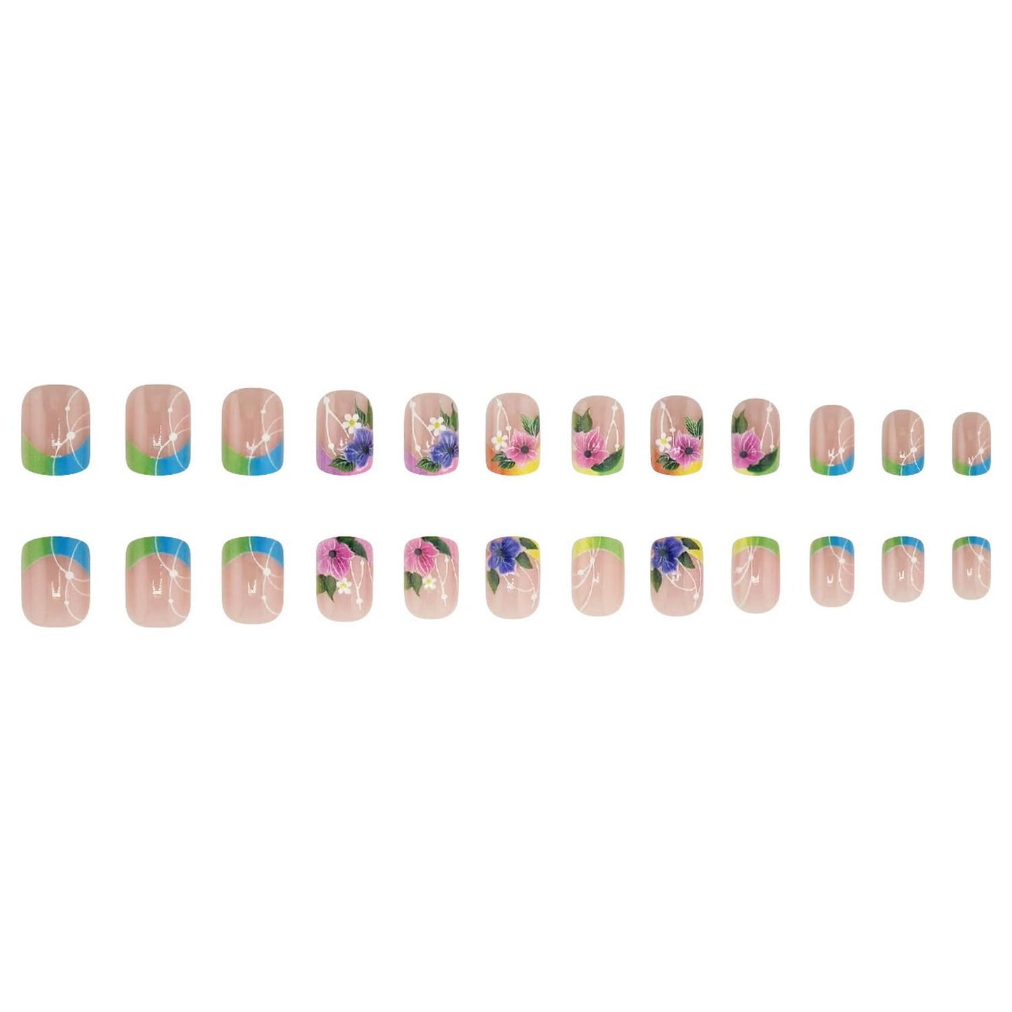 Colorful Press on Nails Short Square Fake Nails Flower False Nails Glossy Acrylic Nails Full Cover Stick on Nails with designs Floral Glue on Nails Sprinng Summer Nails for Women Girls Manicure24pcs
