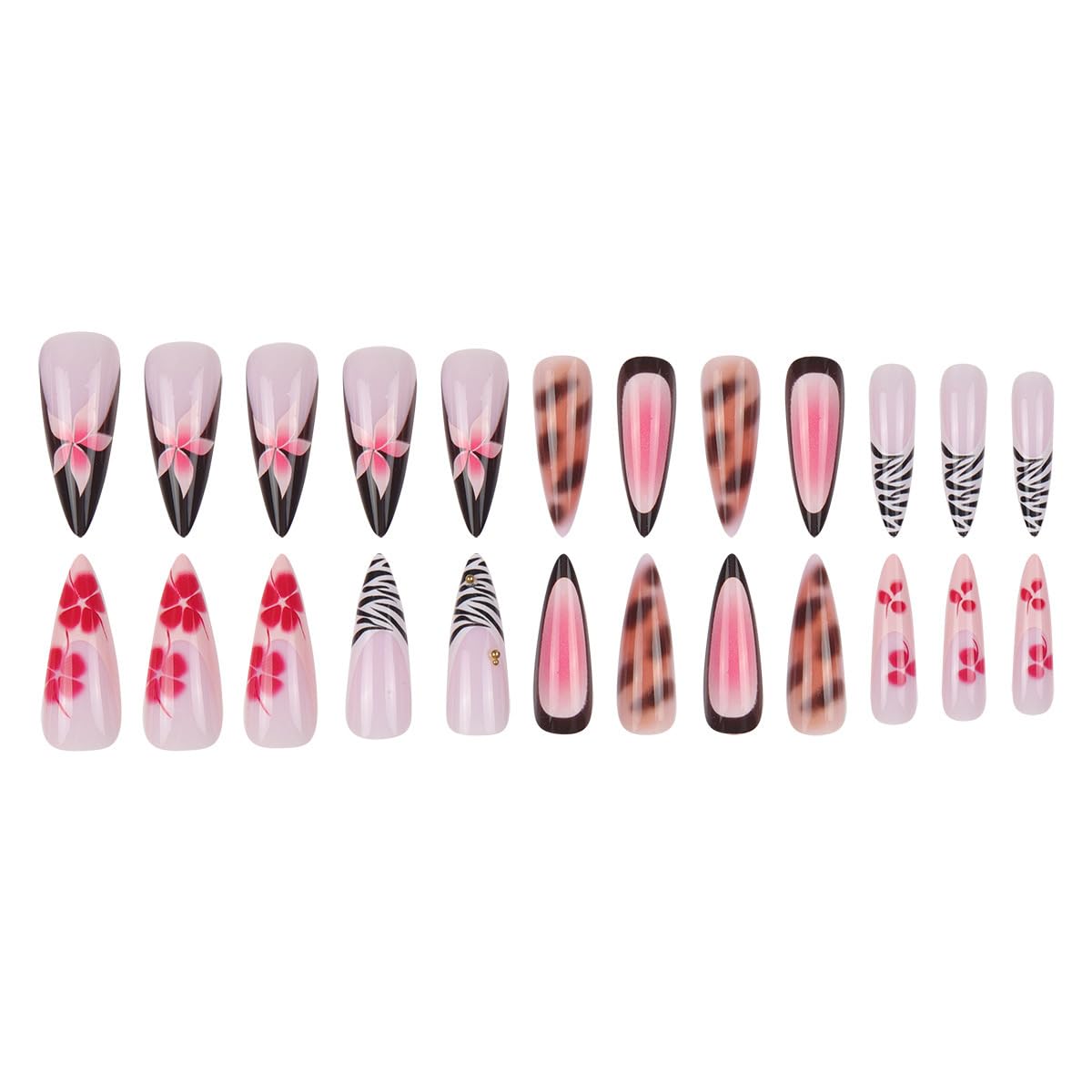 Long Stiletto Press on Nails Pink Flower Fake Nails Tortoise Design Zebra French Tip Press Ons Extra Long Full Cover Glossy Nails for Women Manicure 24PCS
