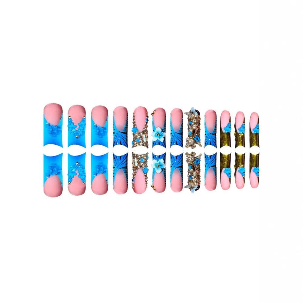 Long Square Press on Nails - Blue French Tips Fake Nails - 3D Flower Charm Design Gold Rhinestones False Nail Glossy Skin Tones Stick on Nails Cute Zebra Glue on Nail for Women Manicure 24Pcs
