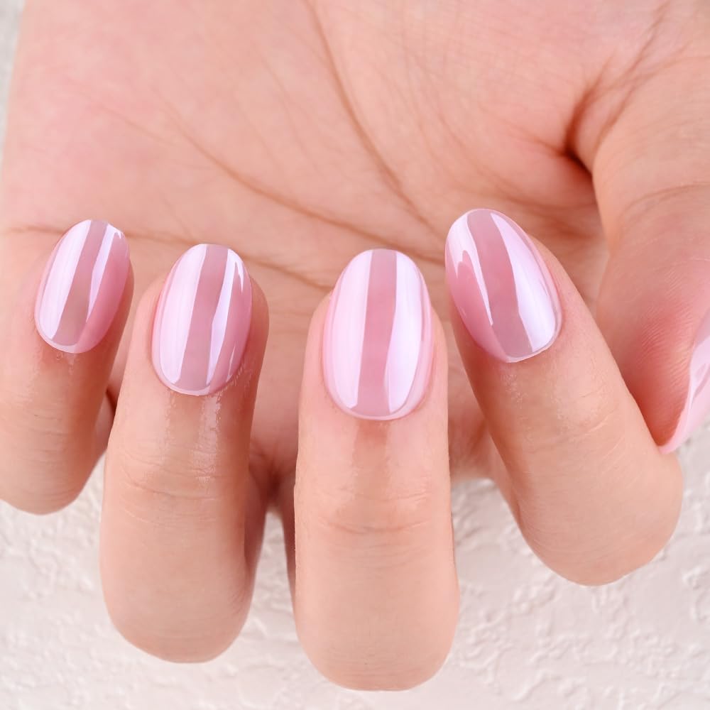 evpct Nude Pink Glazed Press on Nails Short Oval, Short Oval Chrome Metallic Aurora Stick on Nail for Women, Reusable Full Cover Soft Press on Fake Nail Perfectly Fit with Glazed Design Salon Quality