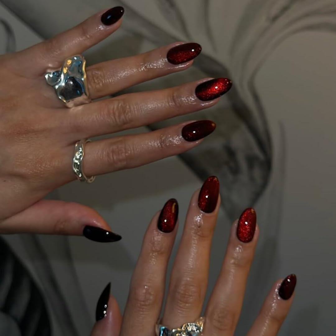 KQueenest Dark Red Cat Eye Press on Nails Short Oval, 30 Pcs Glitter Burgundy Fake Nails Short, Thick Shiny Sparkle Nails Press on, Cute Bling Small Acrylic Stick on Nails for Women Salon Manicure
